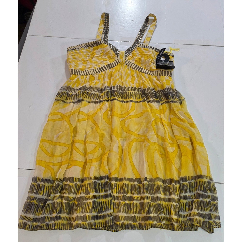 Nine West Dress 14 Yellow Silk Abstract Print Embellished Peek A Boo Citronella